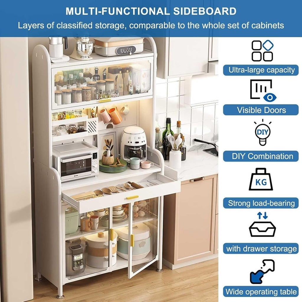 5-Tier Kitchen Bakers Rack with Drawer, Adjustable Shelves & Pegboard, Utility Storage Cabinet with Hooks, Power Outlets(Black,147.5x60cm/58x23.6in)