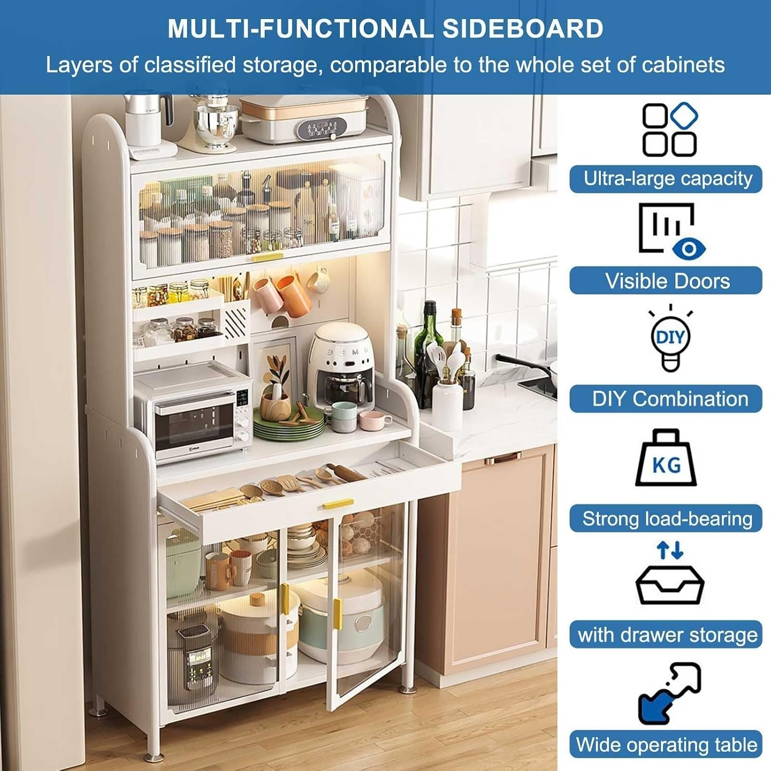 5-Tier Kitchen Bakers Rack with Drawer, Adjustable Shelves & Pegboard, Utility Storage Cabinet with Hooks, Power Outlets(Black,147.5x60cm/58x23.6in)