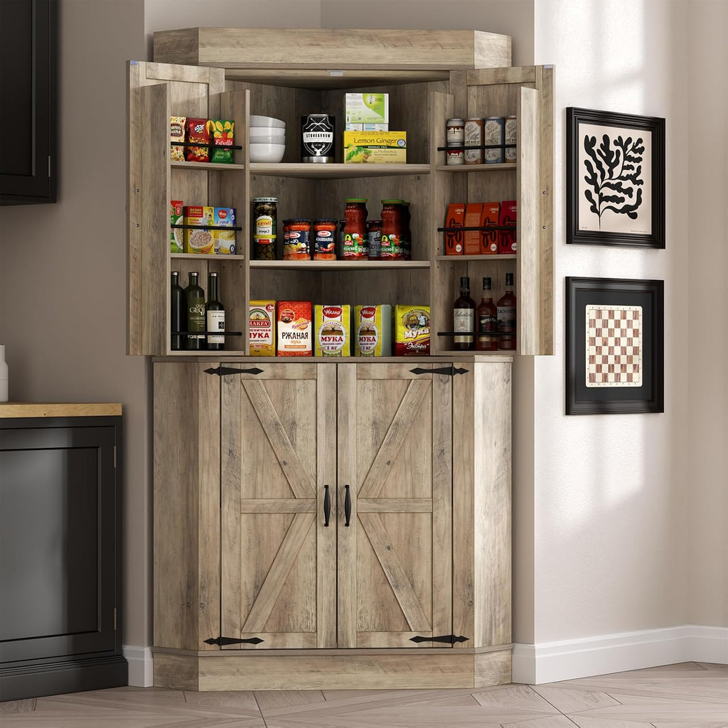 Gyfimoie Corner Cabinet,Kitchen Pantry Storage Cabinet,Freestanding Buffet Hutch with 4 Doors and Shelves,Tall Food Pantry Farmhouse Furniture with Side Rack for Kitchen Dining Room(Retro)