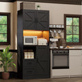 Kitchen Pantry Storage Cabinet with LED Lights and Power Strip, Tall Farmhouse Kitchen Pantry with Barn Doors and Drawers, Adjustable Shelves for Dining Living Room (Black)