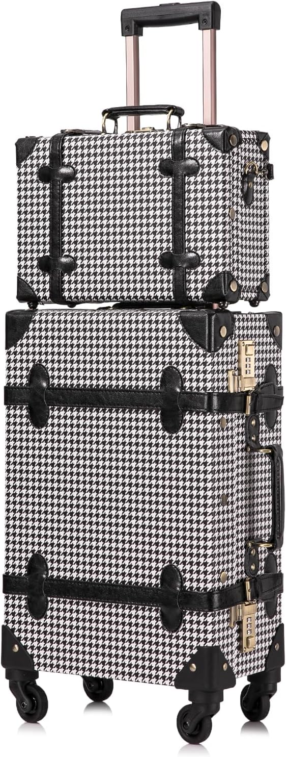 UNIWALKER Vintage Carry on Luggage Set, 2 Piece Retro Spinner Trunk Suitcase with Cosmetic Train Case for Women (20'+12', grid)
