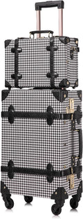 UNIWALKER Vintage Carry on Luggage Set, 2 Piece Retro Spinner Trunk Suitcase with Cosmetic Train Case for Women (20'+12', grid)