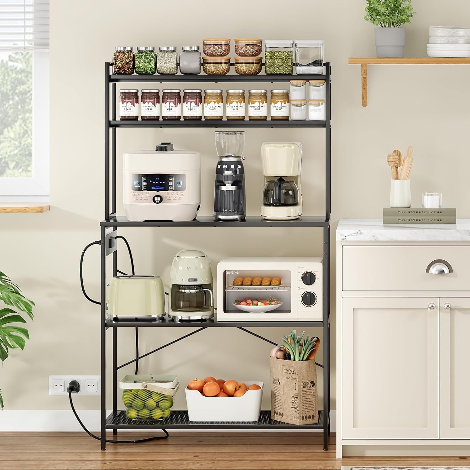 Havemies Coffee Bar Station with Electrical Outlets - Large 5-Tier Bakers Rack Holds Microwave & Coffee Maker, Creates a Dedicated Beverage Center in Any Kitchen (Black)