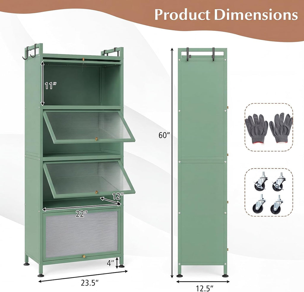 MAT EXPERT 5-Tier Kitchen Storage Cabinet, Freestanding Appliance Cabinet on Wheels with Flip Door & Anti-Topping Device, Kitchen Pantry Bakers Rack for Living Room, Study (Green)