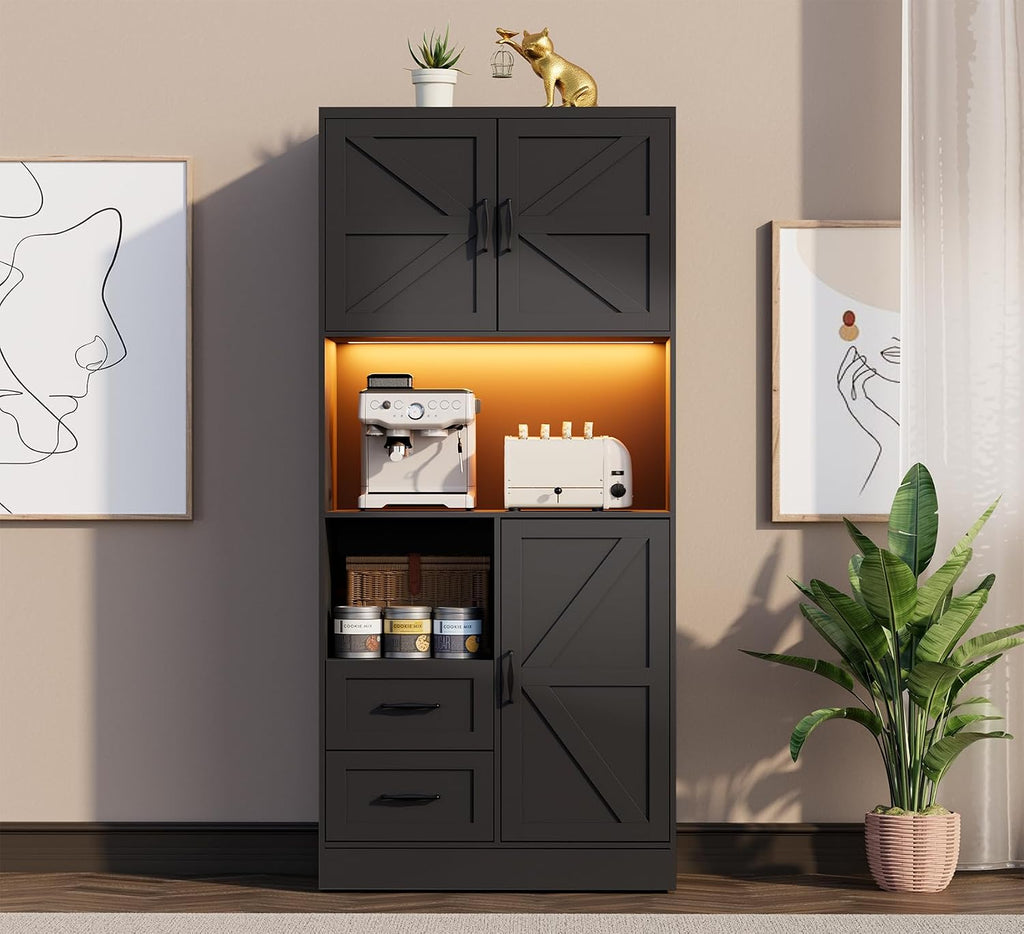 Kitchen Pantry Storage Cabinet with LED Lights and Power Strip, Tall Farmhouse Kitchen Pantry with Barn Doors and Drawers, Adjustable Shelves for Dining Living Room (Black)