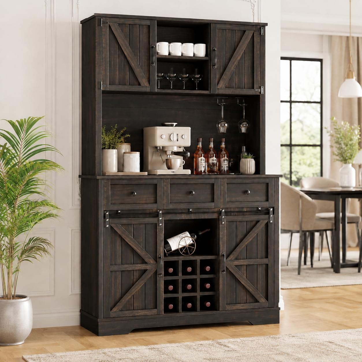 Farmhouse Coffee Bar Cabinet with Wine Rack, 72 'Tall Kitchen Storage Cabinet with 3 Drawers, 9-Bottle Wine Holder, 6 Hooks, Sliding Barn Doors and Adjustable Shelves, for Dining Room, Rustic Oak