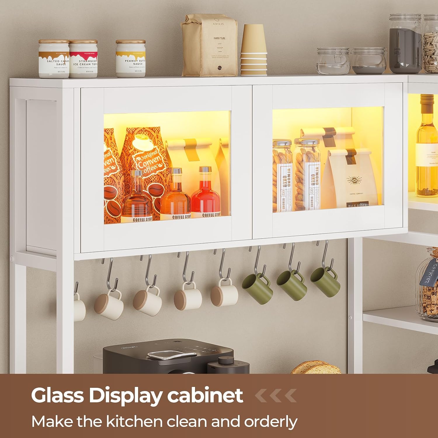 Itaar Bakers Rack with Power Outlet and LED Light, 45.3 Inch Farmhouse Coffee Bar Cabinet, Kitchen Microwave Stand with Storage, Glass Cabinet, Goblet Holder and 8 Hooks (White)