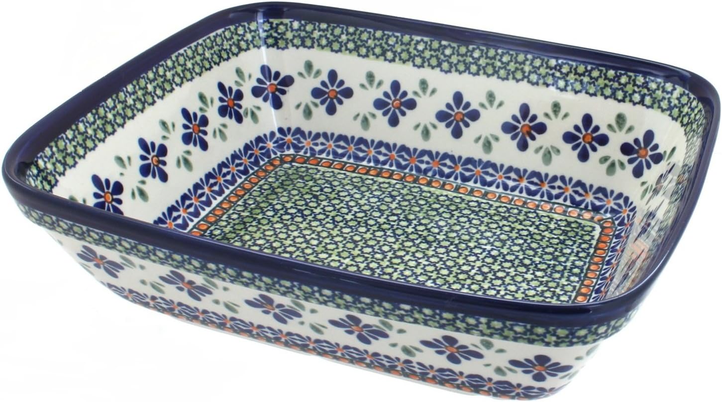 Blue Rose Polish Pottery Mosaic Flower Medium Deep Baker