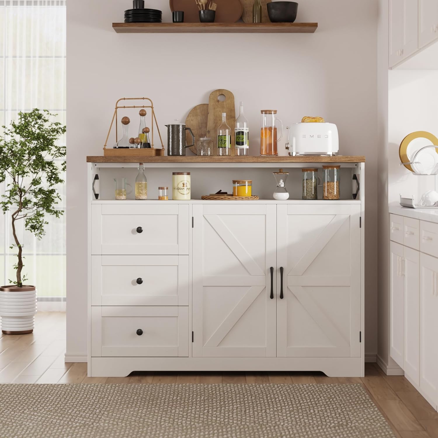 Befrases Farmhouse Buffet Cabinet with Drawers & Open Shelf, Sideboard with Storage, Kitchen Pantry Cabinet Hutch, Coffee Bar Station for Kitchen, Livingroom, 47' L White