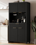 Lulive 71' Fluted Pantry Cabinet with Charging Station, Black | Adjustable Shelves, Open Countertop, Drawer, Spacious Kitchen Storage