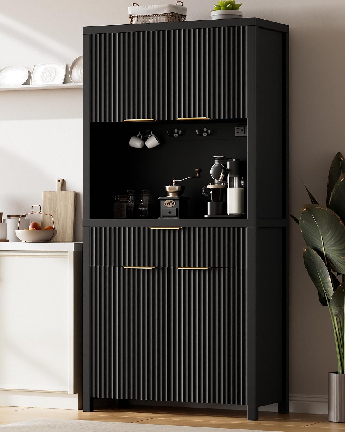 Lulive 71' Fluted Pantry Cabinet with Charging Station, Black | Adjustable Shelves, Open Countertop, Drawer, Spacious Kitchen Storage