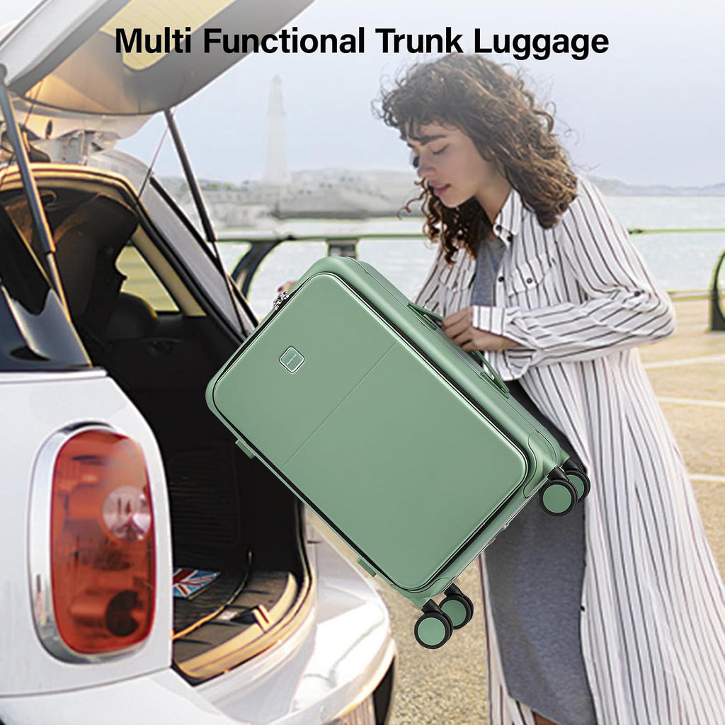 Hanke 28 Inch Checked Luggage with Cup Holder and USB Ports, Top Opening Hard Shell Suitcase with Wheels, Aluminum Frame Large Trunk Luggage with Foldable Divider & TSA Lock for Travel, Forest Green