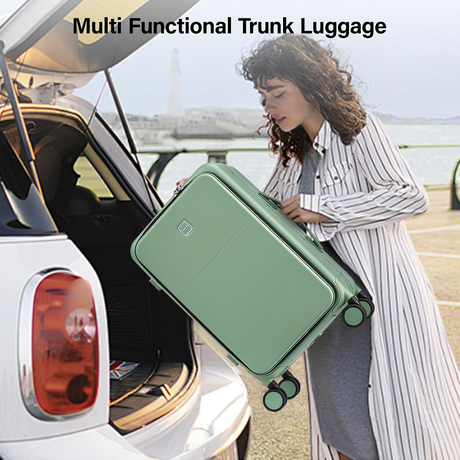 Hanke 28 Inch Checked Luggage with Cup Holder and USB Ports, Top Opening Hard Shell Suitcase with Wheels, Aluminum Frame Large Trunk Luggage with Foldable Divider & TSA Lock for Travel, Forest Green