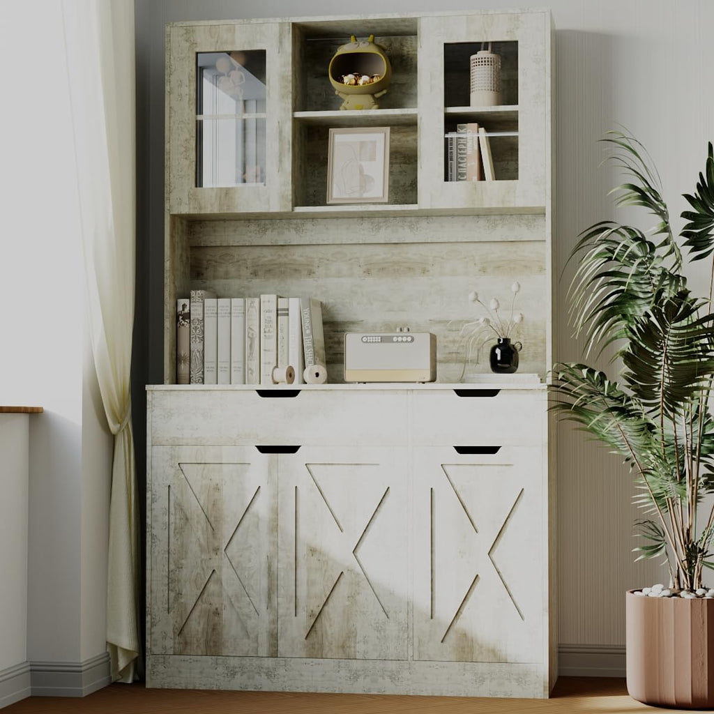 71' Tall Kitchen Pantry Storage Cabinet Large Farmhouse Hutch Cabinet with Microwave Stand, Charging Station, Adjustable Shelves, Countertop for Dining Room, Living Room, Grey