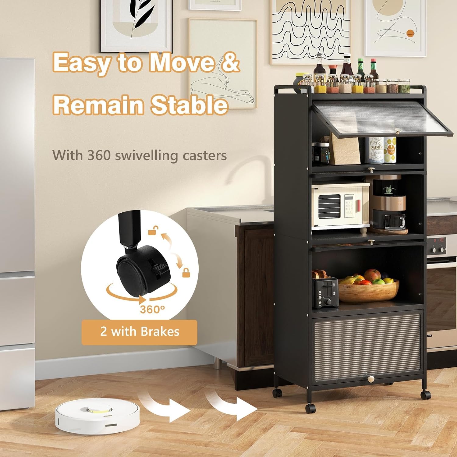 SIMOE Black 5-Tier Kitchen Storage Cabinet, Mobile Microwave Stand with Flip-Up PC Doors, Freestanding Baker's Rack with 4 Rolling Casters for Dining Room, Living Room and Study