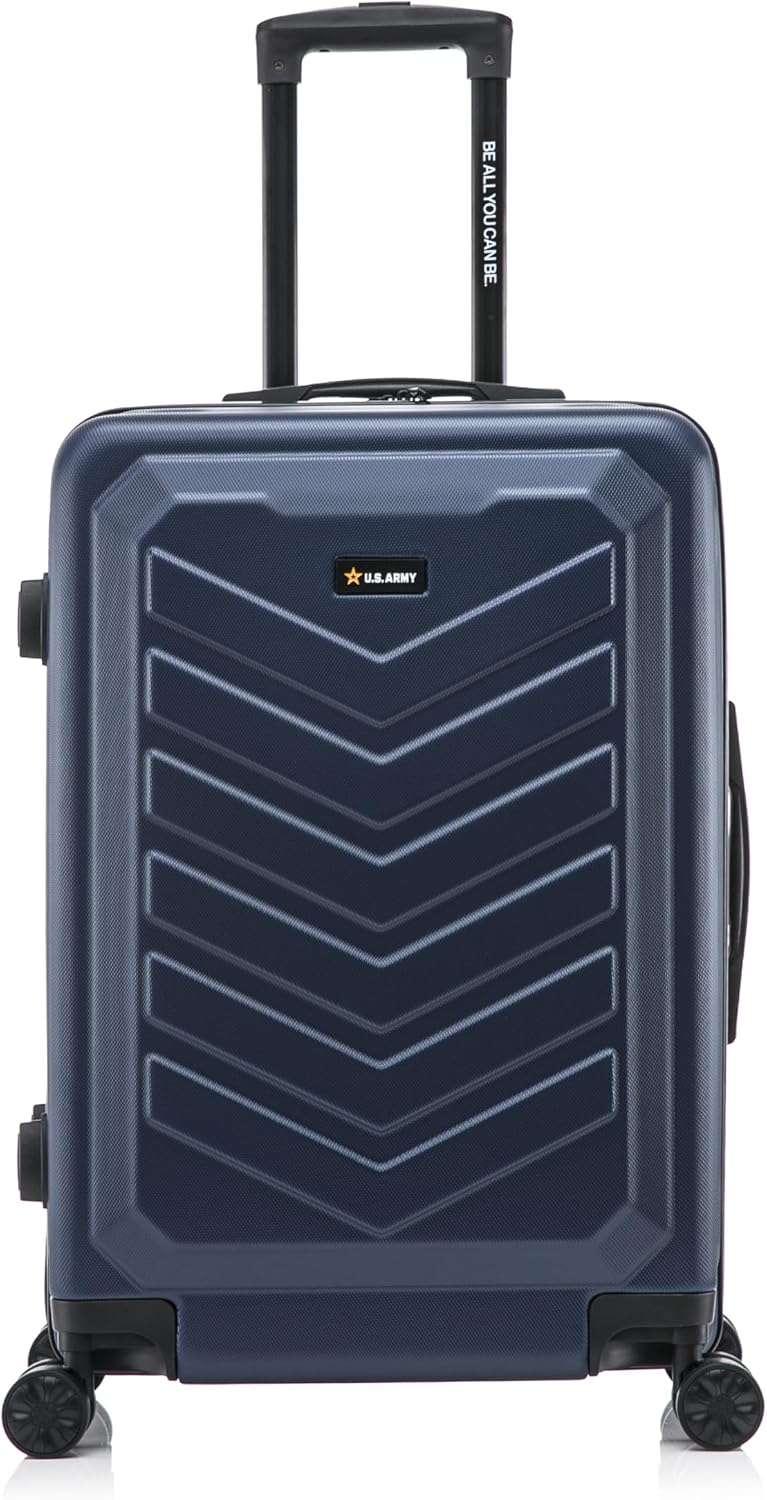 US Army Fox 24 inch Hardside Luggage with Spinner Wheels | Lightweight Medium Suitcase for Shorter Travel | Chevron Icon, Gel Handle, Side Studs, Retractable Trolley, Heavy Duty | Navy Blue