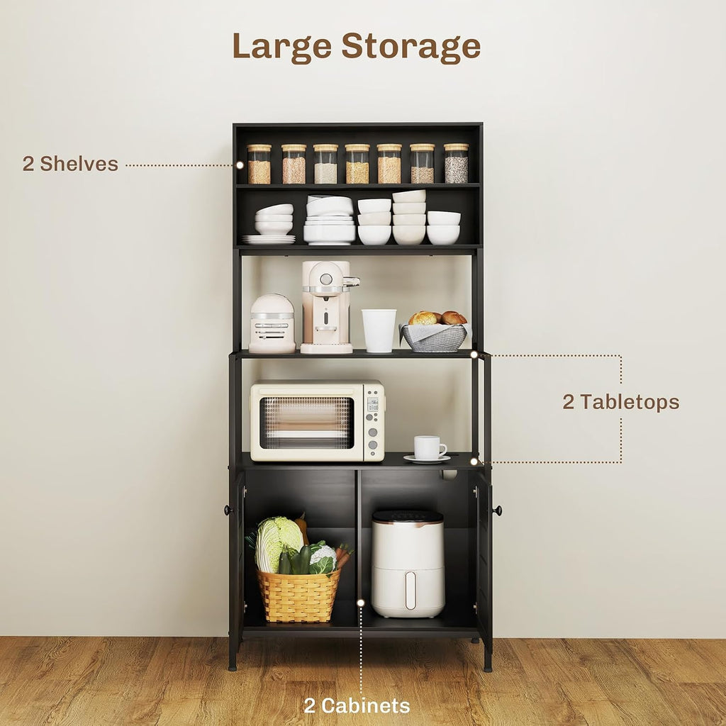 Kitchen Baker Rack with Power Socket, Kitchen Storage Rack with Power Cord and Storage Cabinets for Spices and Pots, Black