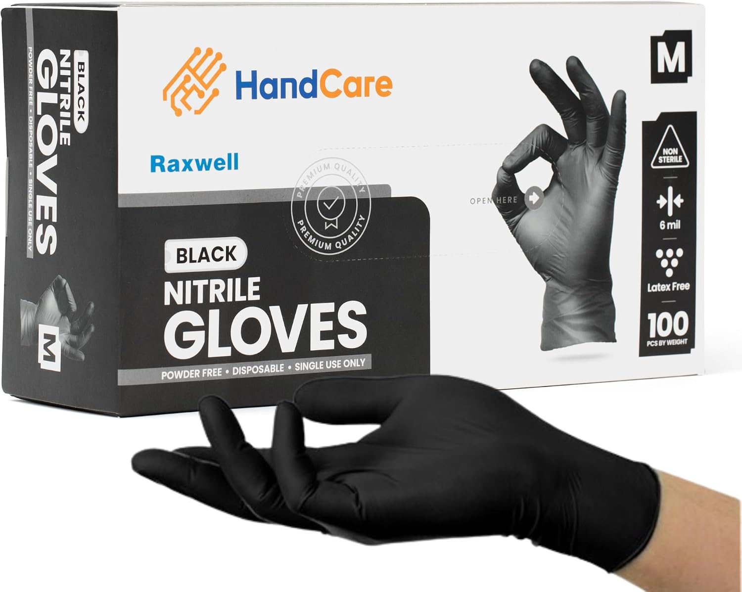 HandCare 6 Mil Black Nitrile Disposable Gloves, Powder-Free & Latex-Free for Cleaning, Food Prep & Tattoo