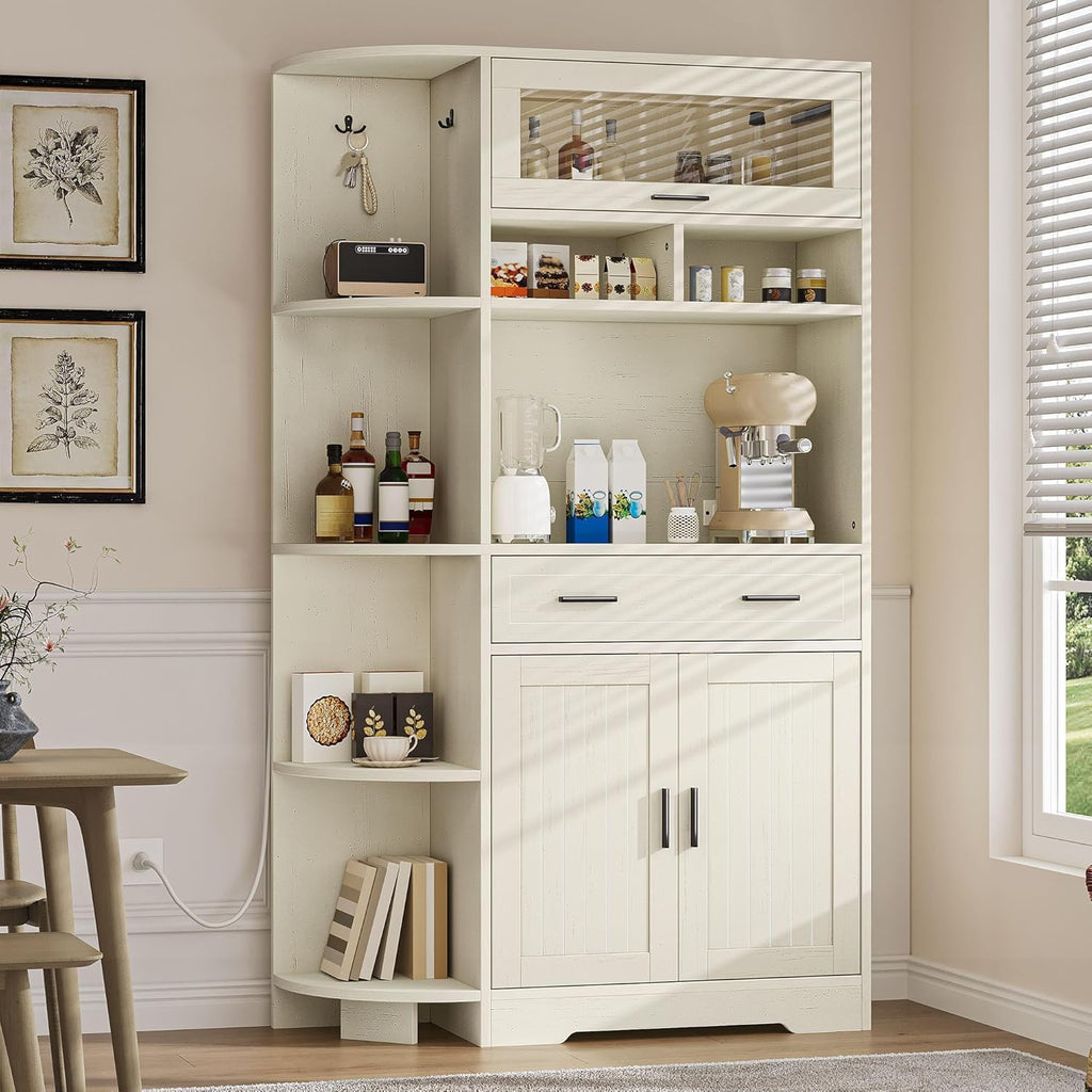 YITAHOME Kitchen Pantry Storage Cabinet, 67' Tall Kitchen Hutch with Outlet & Door & Shelves & Drawer, Farmhouse Wooden Microwave Stand Buffet Coffee Bar for Home Living Dining Room, Off-White