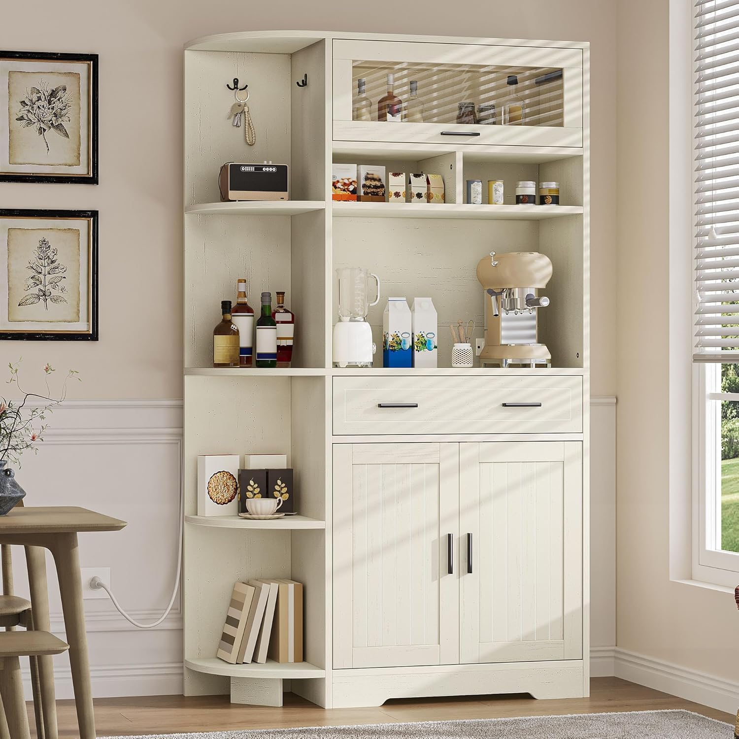 YITAHOME Kitchen Pantry Storage Cabinet, 67' Tall Kitchen Hutch with Outlet & Door & Shelves & Drawer, Farmhouse Wooden Microwave Stand Buffet Coffee Bar for Home Living Dining Room, Off-White