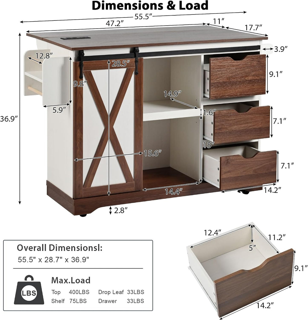 55.5' Farmhouse Kitchen Island with Drop Leaf, Kitchen Storage Island with Barn Door, Power Outlet, Rolling Kitchen Cart on Wheels with Spice Rack, for Home, Kitchen, Dining Room (White)