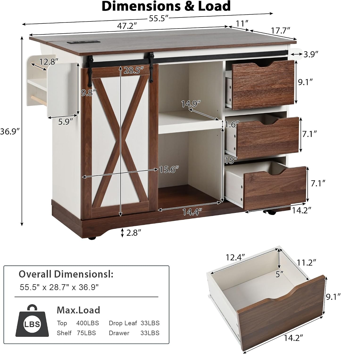 55.5' Farmhouse Kitchen Island with Drop Leaf, Kitchen Storage Island with Barn Door, Power Outlet, Rolling Kitchen Cart on Wheels with Spice Rack, for Home, Kitchen, Dining Room (White)