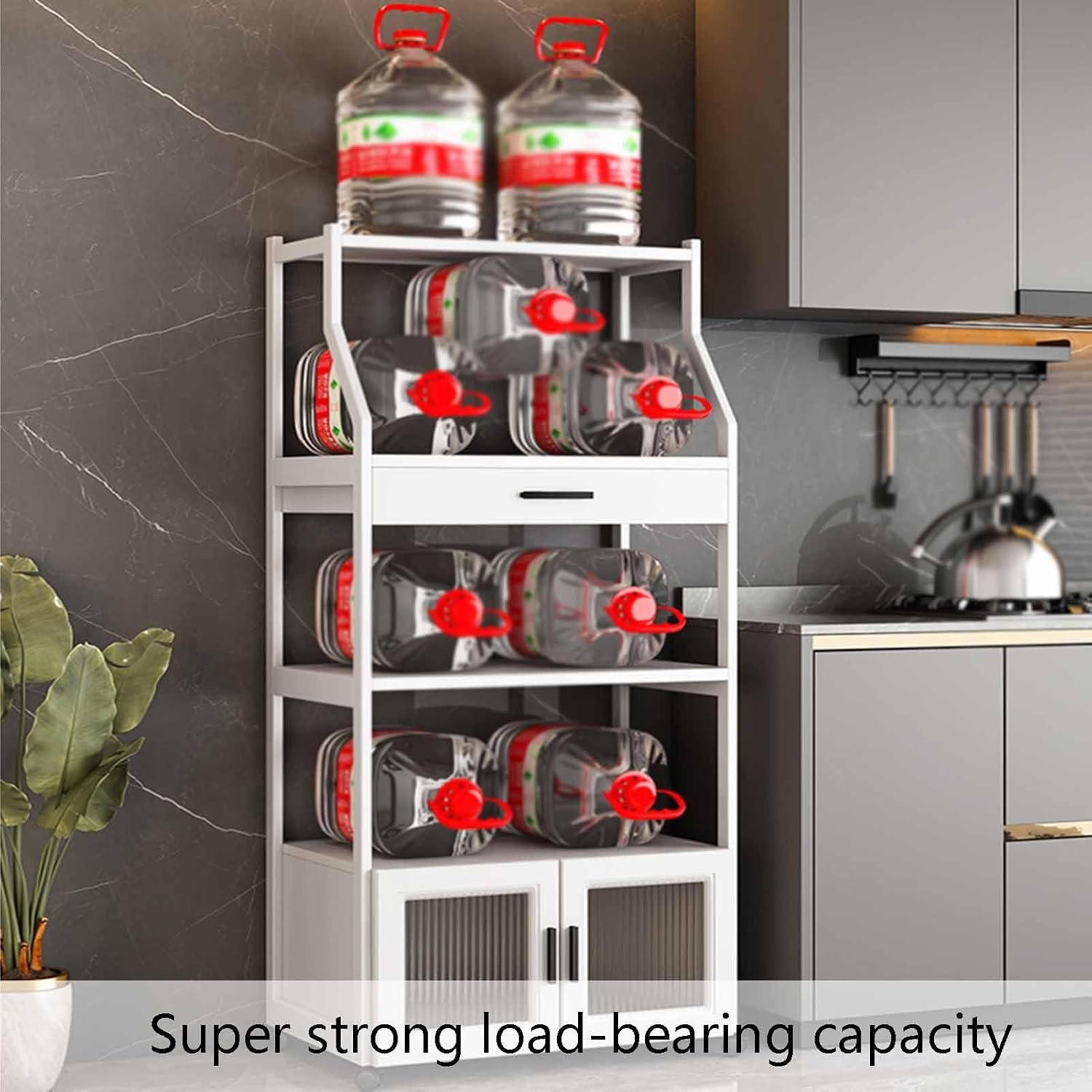 Floor Standing Kitchen Cart Rack, Bakers Rack with Hutch, Microwave Stand Shelf with Power Outlet for Entryway, Kitchen, Living Room, Bathroom(50x44x89cm)