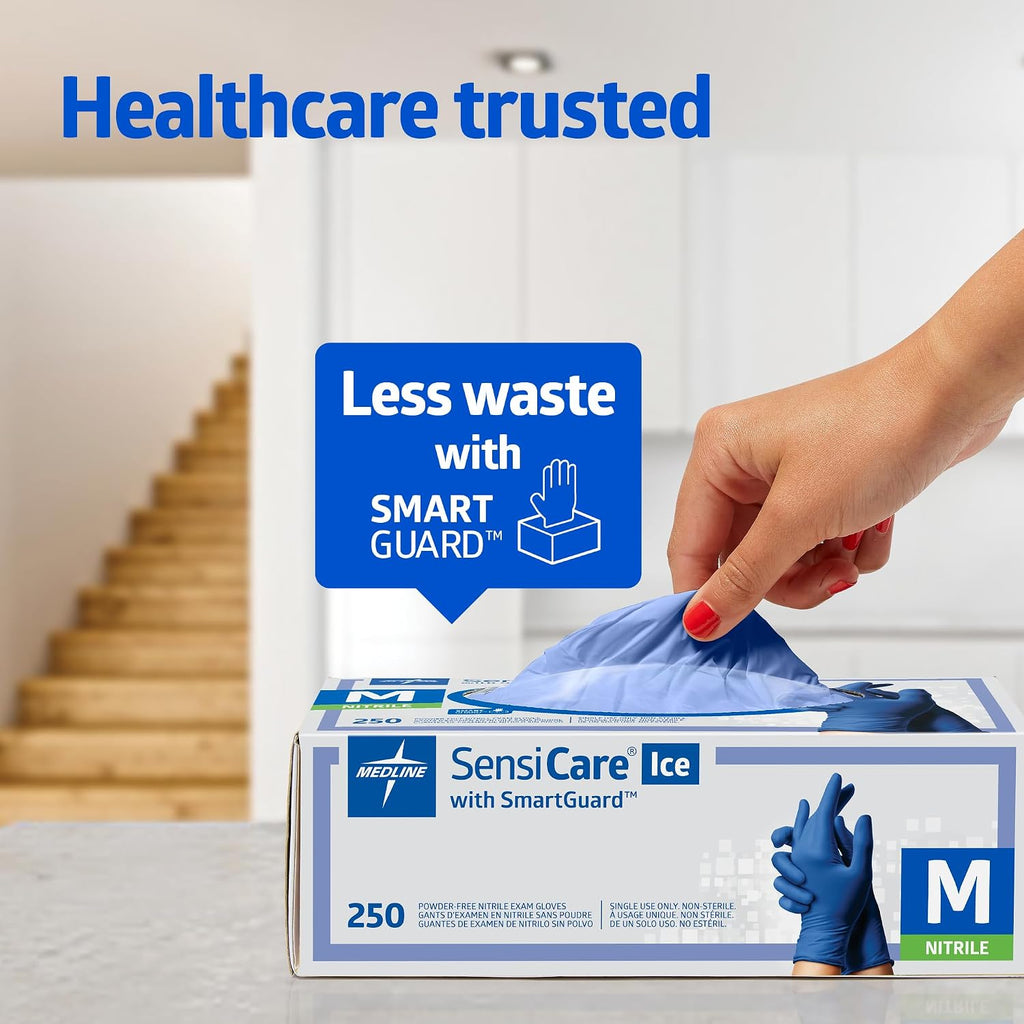Medline SensiCare Ice Blue Nitrile Exam Gloves, 2500 Count, Medium, Powder Free, Disposable, Not Made with Natural Rubber Latex, Multi-use for Every Task