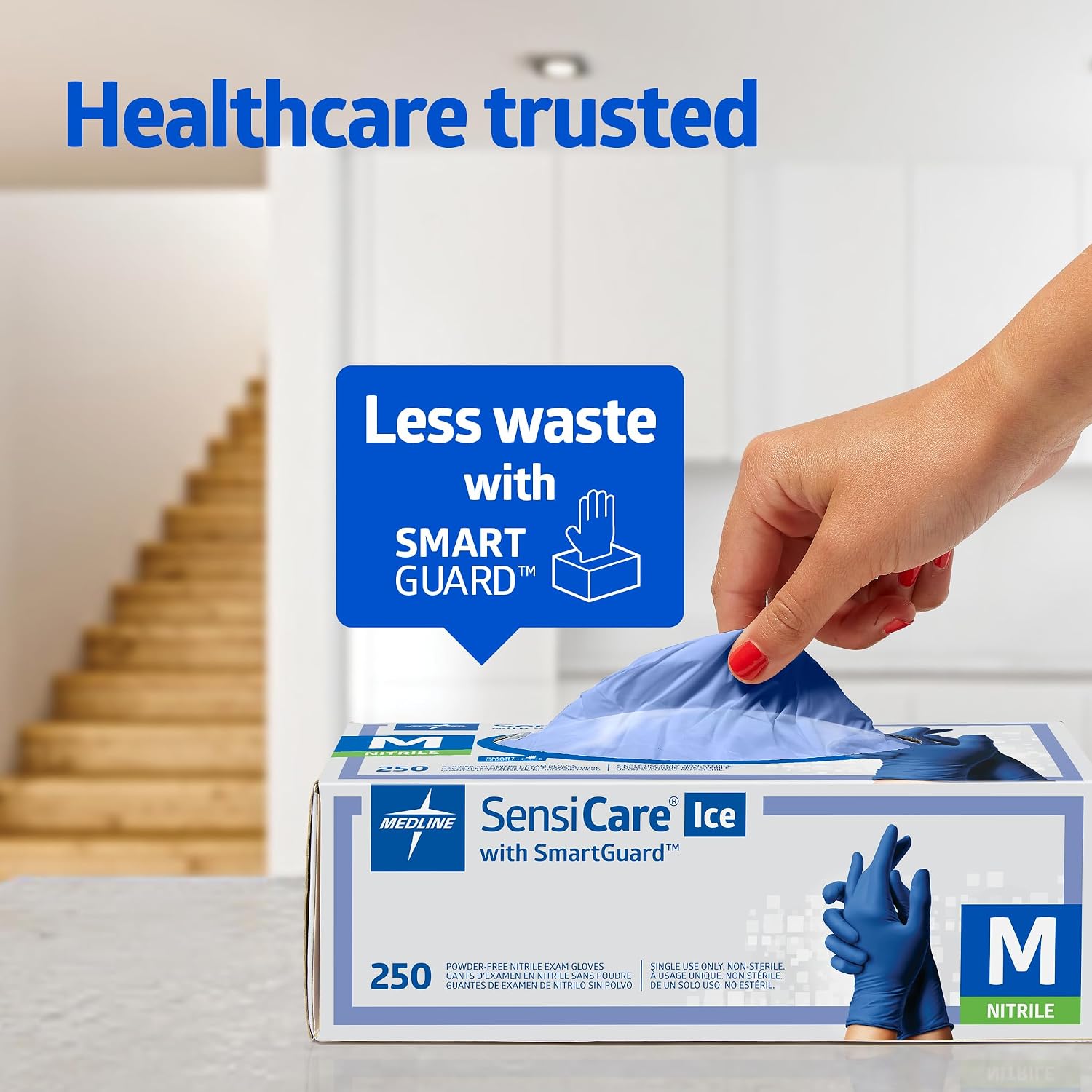Medline SensiCare Ice Blue Nitrile Exam Gloves, 2500 Count, Medium, Powder Free, Disposable, Not Made with Natural Rubber Latex, Multi-use for Every Task