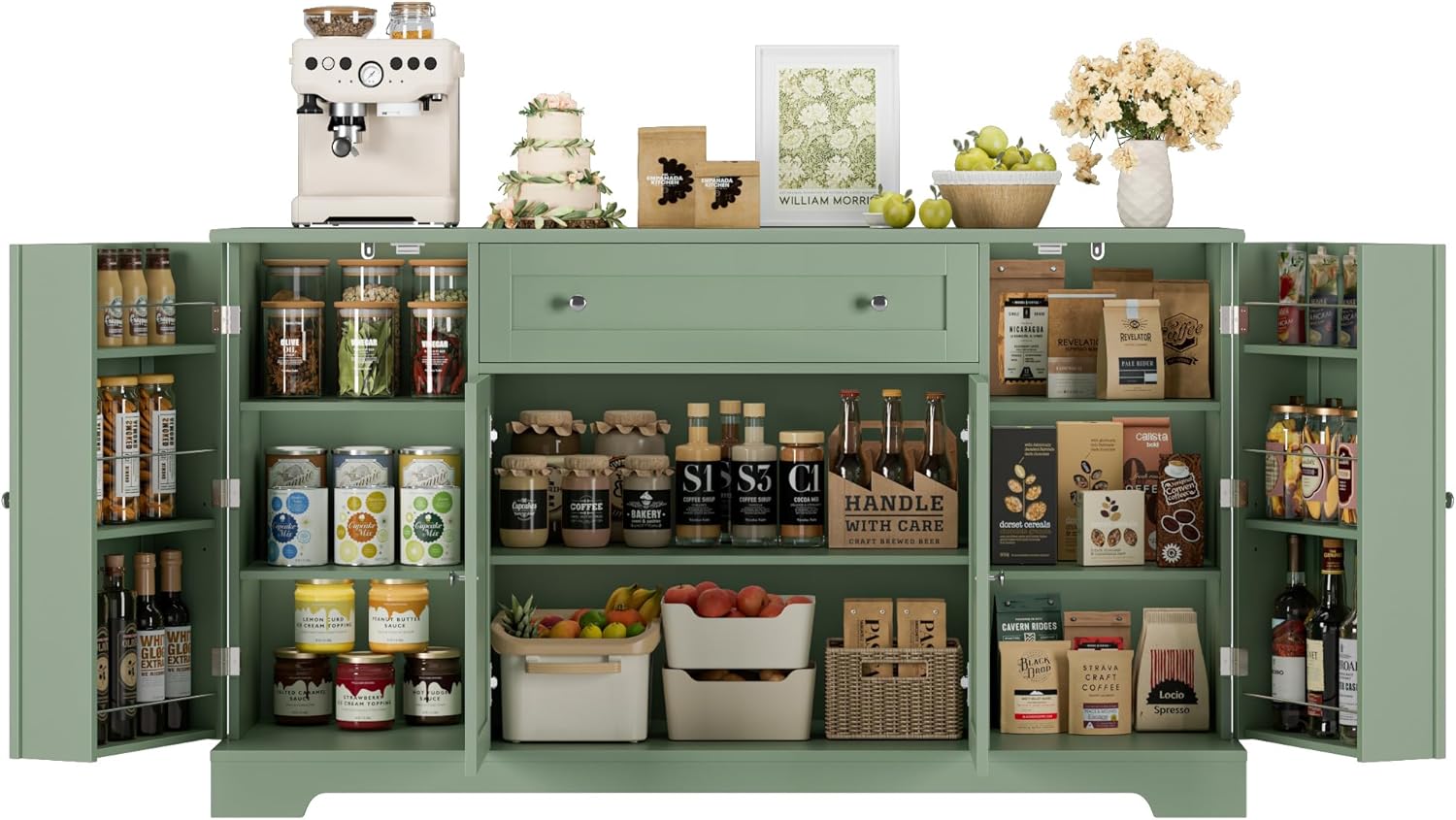 HITHOS 54' Buffet Cabinet with Storage, Modern Kitchen Buffet Sideboard with Drawer, Wood Coffee Bar Station with Adjustable Shelves, Kitchen Storage Cabinet for Living Room, Green