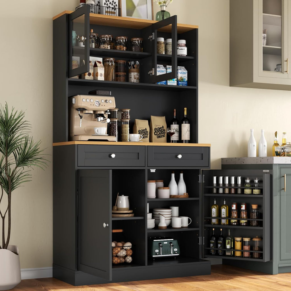 Tall Pantry Cabinet, Modern Kitchen Hutch with Microwave Stand, Kitchen Pantry Storage Cabinet with 2 Darwers & Door Shelf, Food Pantry with Glass Doors & Adjustable Shelves for Dining Room, Black
