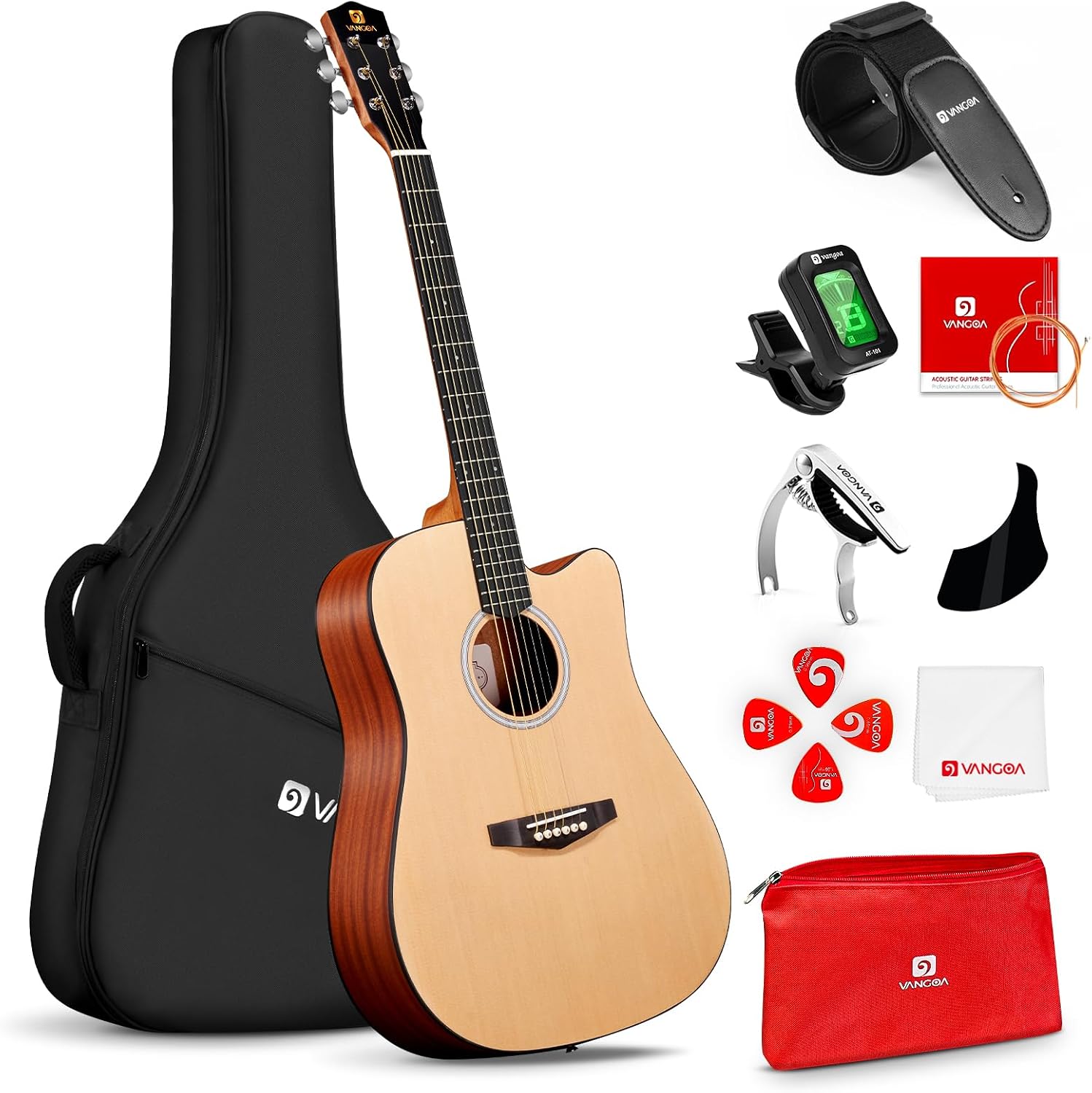 Vangoa 41' Acoustic Guitar Bundle for Beginners Adults Teens Dreadnought Full Size Cutaway Guitarra Acustica Kit with Gig Bag, Tuner, Steel Strings, Capo, Strap, Matte Natural