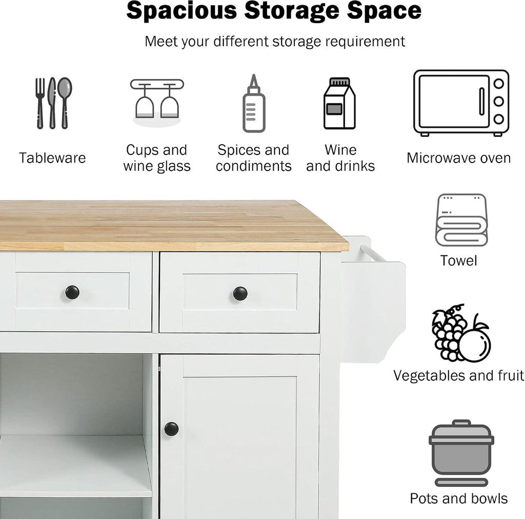 Modern Kitchen Island on 5 Wheels with Storage Cabinet and Drop-Leaf Countertop, Kitchen Cart with Cabinet Door Internal Storage Racks and 3 Drawers for Dinning Room (White#M)