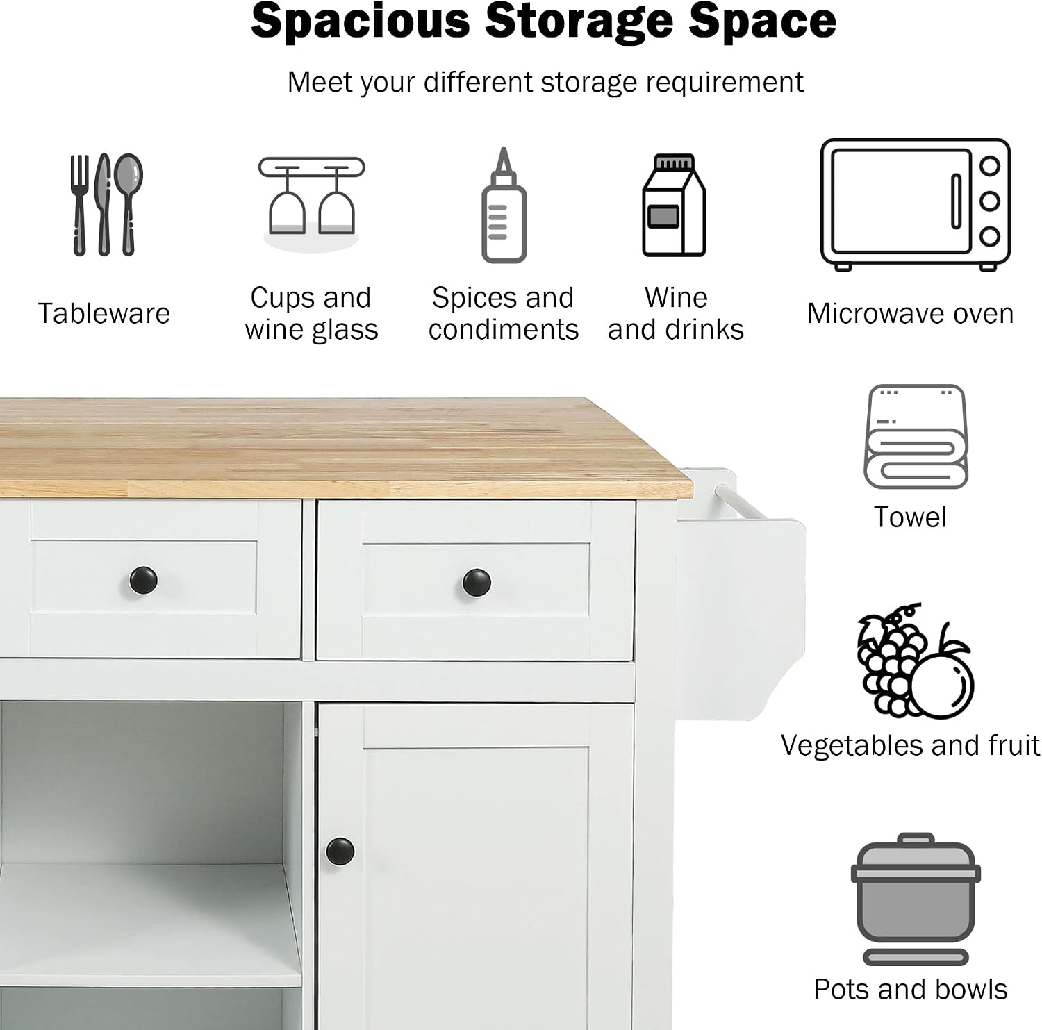 Modern Kitchen Island on 5 Wheels with Storage Cabinet and Drop-Leaf Countertop, Kitchen Cart with Cabinet Door Internal Storage Racks and 3 Drawers for Dinning Room (White#M)