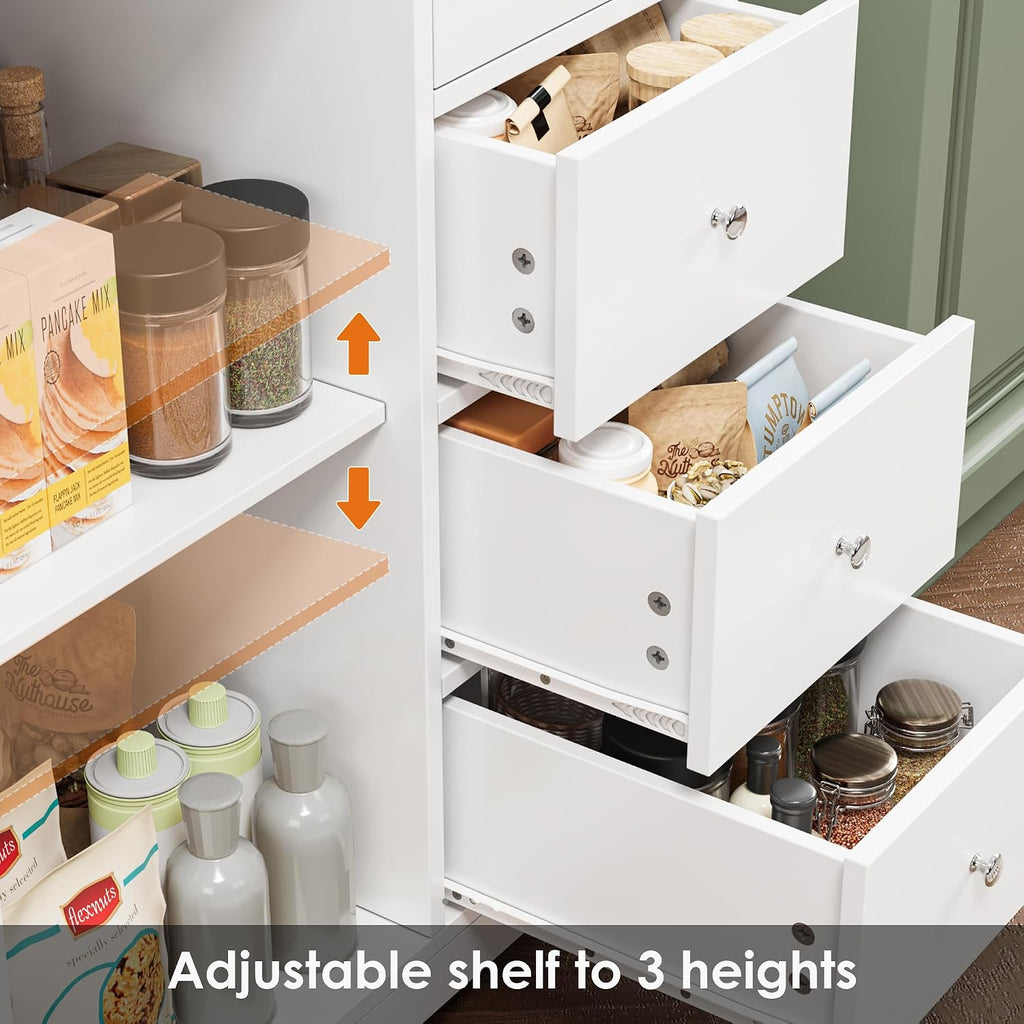 BOTLOG 64'' Kitchen Pantry Storage Cabinet, Tall Kitchen Storage Cabinet with Microwave Stand, Hutch Cabinet with Adjustable Shelves, for Dining Room (White)
