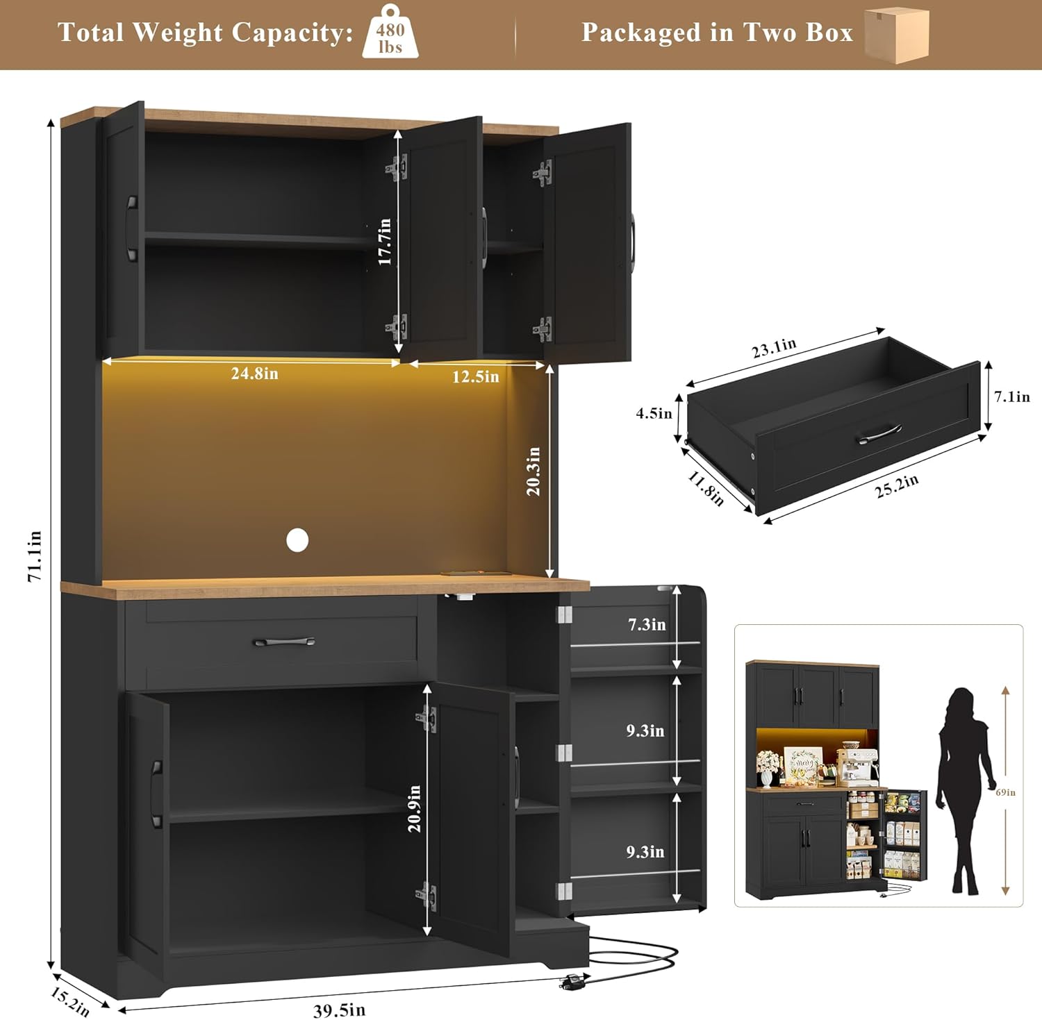 HIFIT 71' LED Kitchen Pantry Cabinet with Power Outlet, Tall Hutch Storage Cabinet with Microwave Stand & 6 Door Shelves, Modern Food Pantry Cabinets with Drawer for Kitchen Dining Living Room, Black