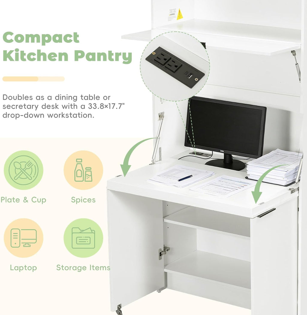 Farmhouse Pantry Cabinet with Foldable Workstation, 69' Tall Buffet with Hutch and Storage, Multifunctional Kitchen Cabinet with Adjustable Shelf and Power Outlet for Dining Room (White)