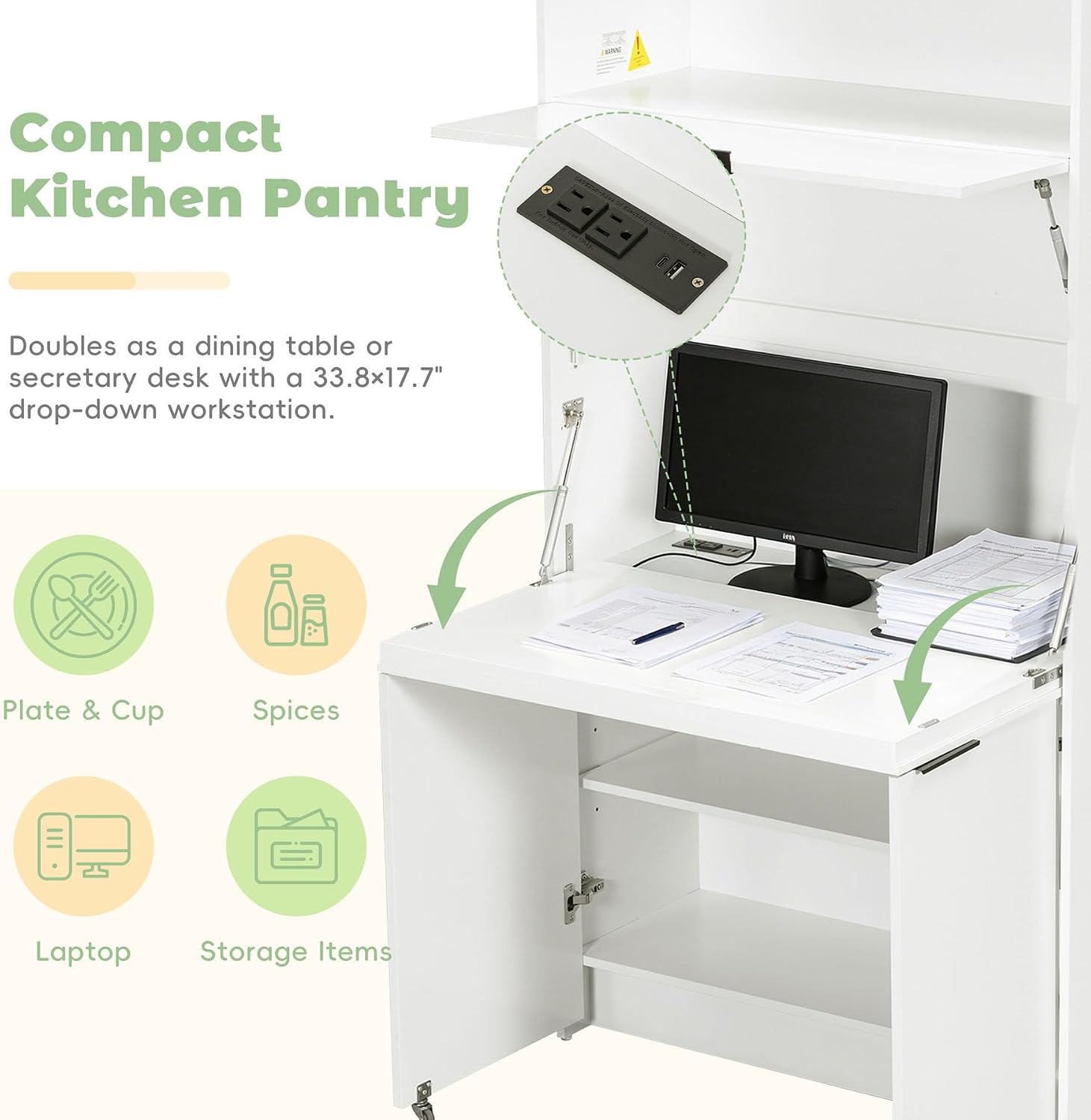 Farmhouse Pantry Cabinet with Foldable Workstation, 69' Tall Buffet with Hutch and Storage, Multifunctional Kitchen Cabinet with Adjustable Shelf and Power Outlet for Dining Room (White)