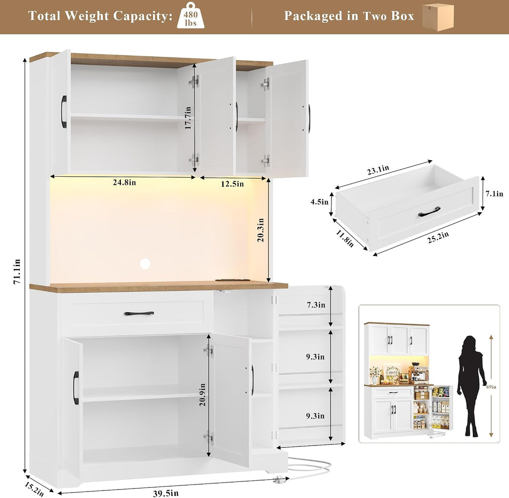 HIFIT 71' LED Pantry Cabinet with Power Outlet, Tall Kitchen Hutch Storage Cabinet with Microwave Stand & 6 Door Shelves, Modern Food Pantry Cabinets with Drawer for Kitchen Dining Living Room, White