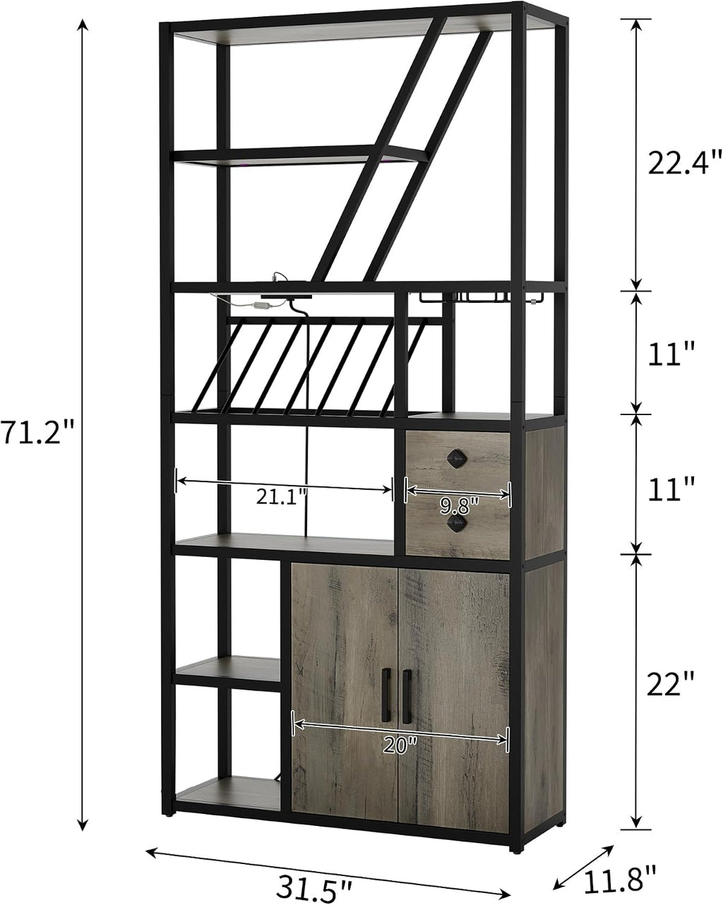 Wine Bar Cabinet with LED Lights, Tall Coffee Bar Station with Power Outlets and Wine Rack - Kitchen Microwave Stand Bakers Rack Cabinet for Living Room, Dining Room & Home Bar