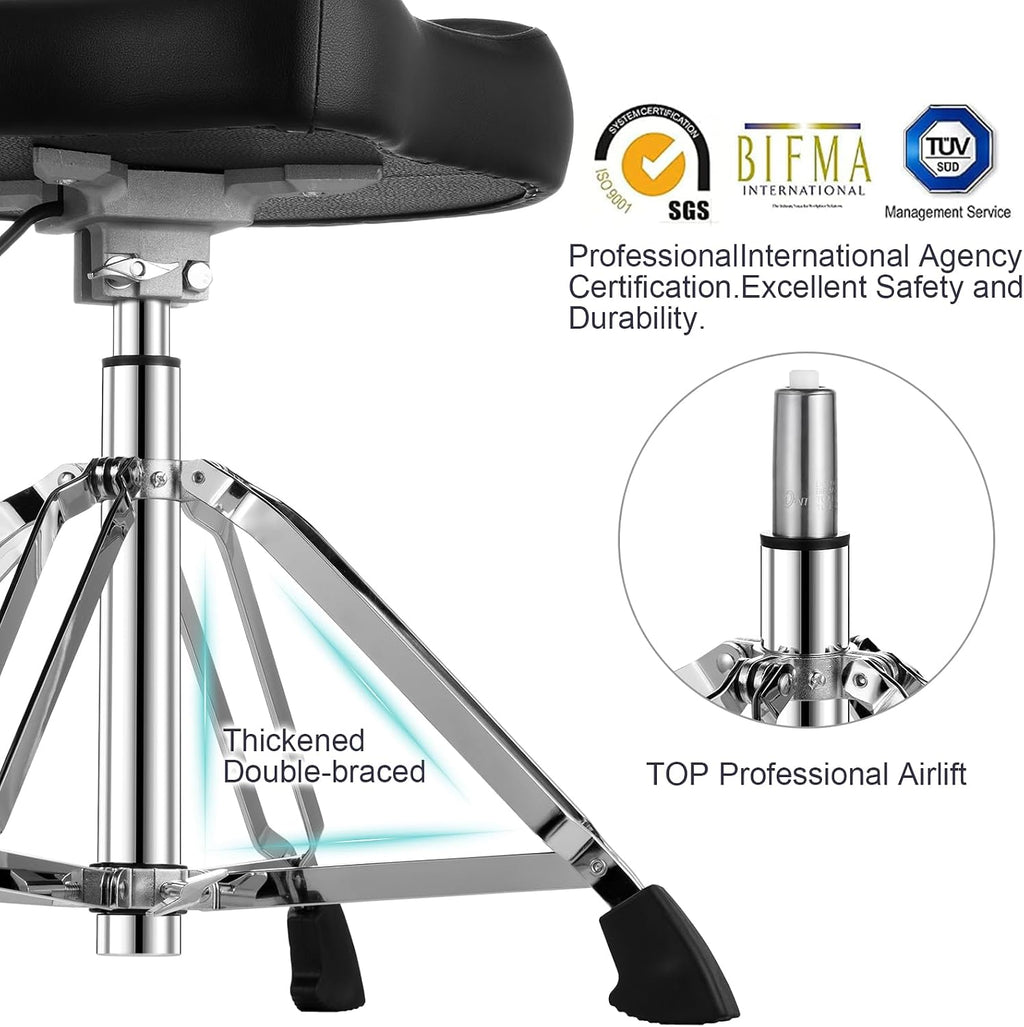 TENTOTEN Drum Throne Hydraulic Drum Stool, Removable Ergonomic Drum Seat with Memory Foam Velvet Surface and Foldable Base, 19in-24in Height Drummer Stool for Adults & Kids, TOT 750