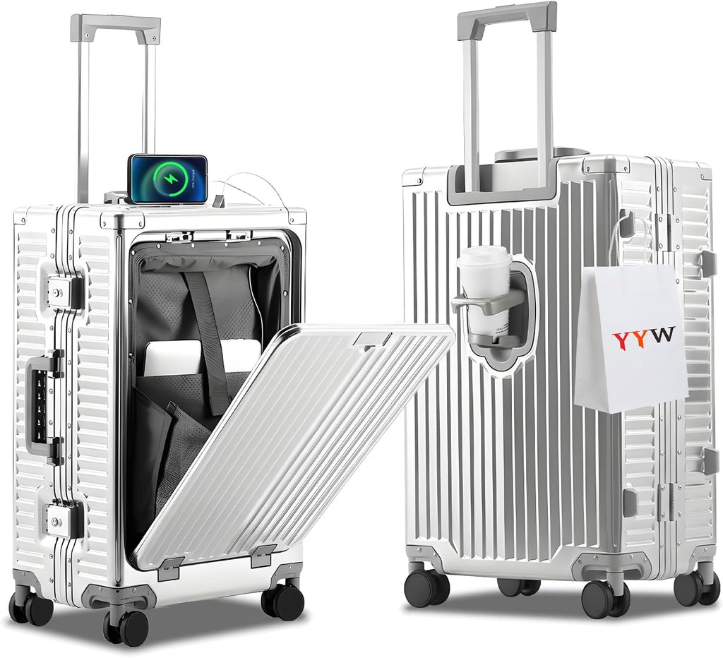 YYW All Aluminium Luggage With Spinner Wheels Lightweight PC hardside Rolling Suitcase, Built-In TSA lock Carry on Suitcase, with Cup Holder, USB Port, Phone Holder (Silver,24inch/39x25x65cm)