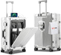 YYW All Aluminium Luggage With Spinner Wheels Lightweight PC hardside Rolling Suitcase, Built-In TSA lock Carry on Suitcase, with Cup Holder, USB Port, Phone Holder (Silver,24inch/39x25x65cm)