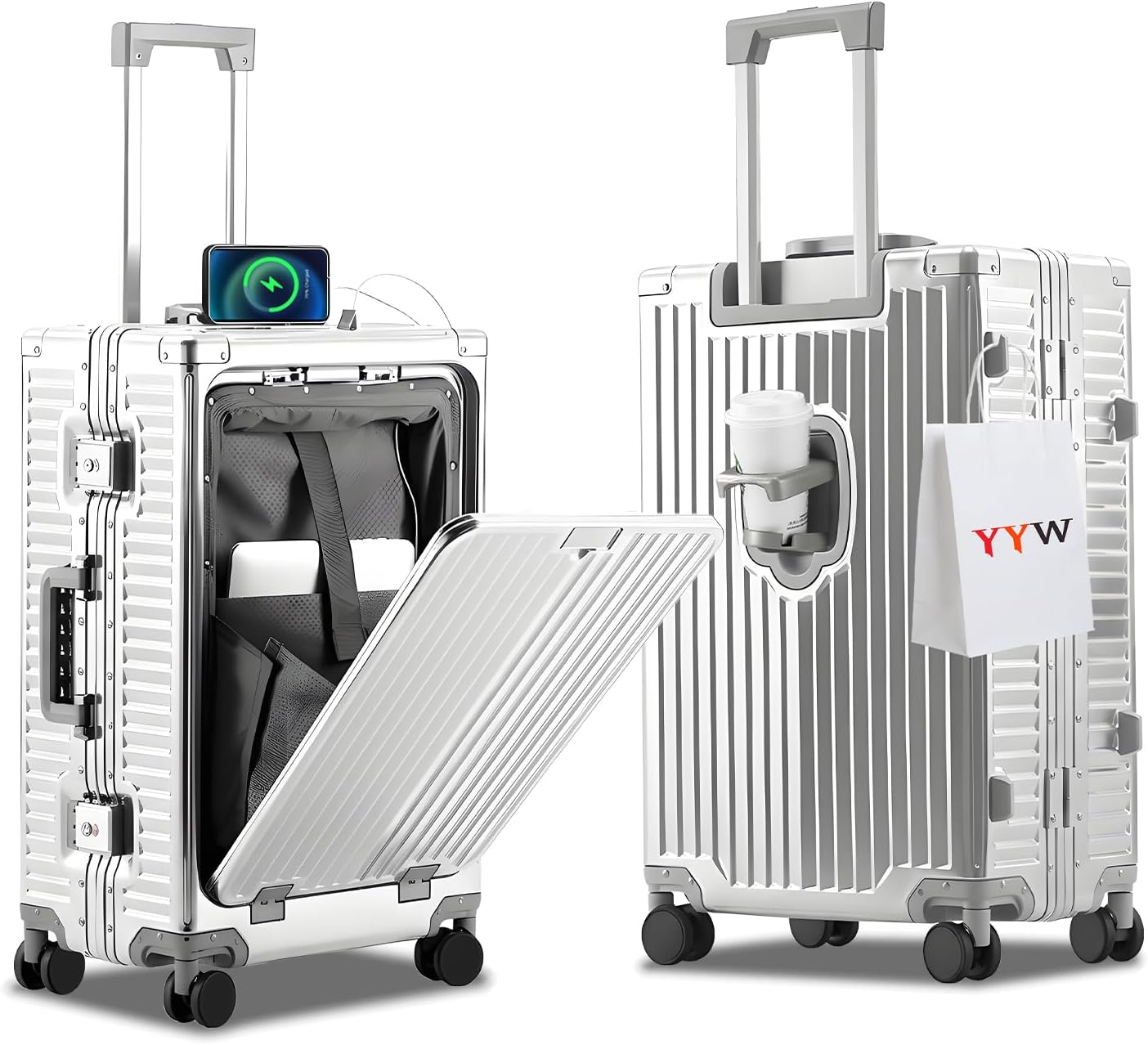 YYW All Aluminium Luggage With Spinner Wheels Lightweight PC hardside Rolling Suitcase, Built-In TSA lock Carry on Suitcase, with Cup Holder, USB Port, Phone Holder (Silver,24inch/39x25x65cm)