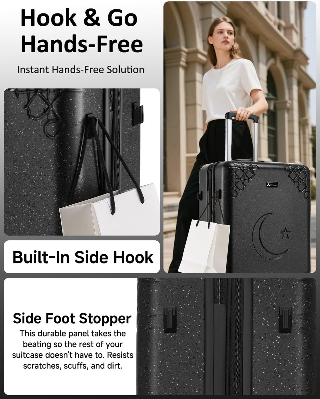 Somago 3 Piece Luggage Set with Cup Holder, Expandable 25% Capacity Suitcase with Shock-Absorbing Braking Spinner Wheels Moon Star Design Hardside Suitcase with TSA Lock (Black,Expandable Sets)