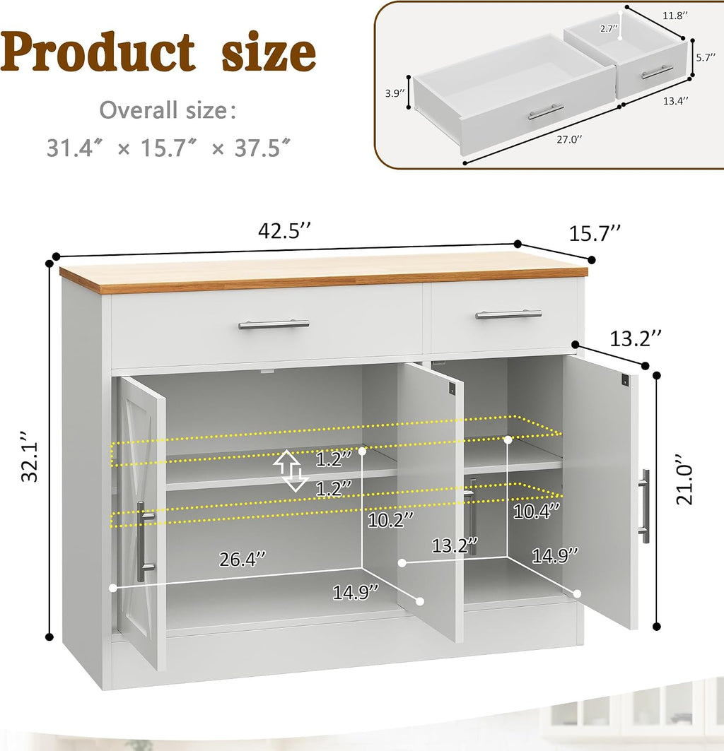 Vongrasig 43' Coffee Bar Cabinet, Farmhouse Buffet Cabinet with Storage, Sideboard Buffet with Drawers and Shelves for Kitchen, White