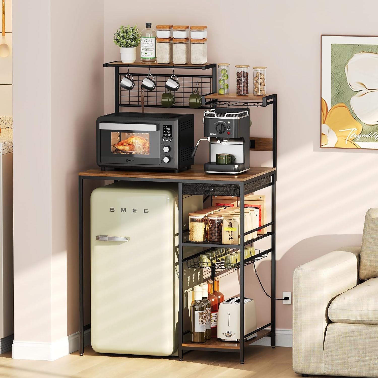Uniclinens Bakers Rack with Power Outlet, Kitchen Microwave Stand with Storage Shelves, Coffee Bar with Wire Basket and 8 S-Shaped Hooks, Rustic Brown