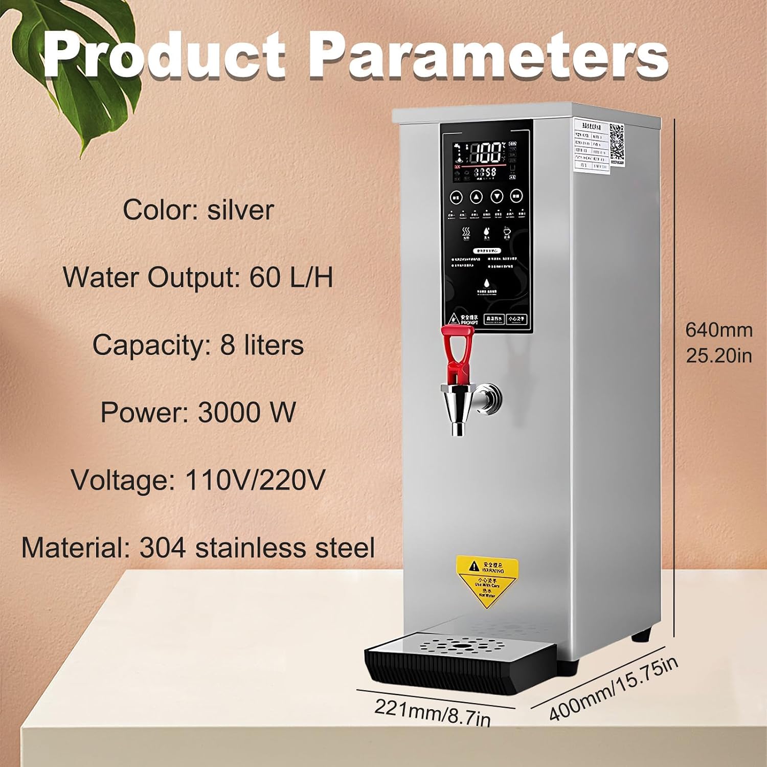 SHAHRYAR Water Boiler Eletric Commercial Hot Water,Commercial Electric Hot Water Dispenser Boiler 3000w,Smart Led High-Definition LCD,30% Energy Savingfor Restaurant, Home Silver
