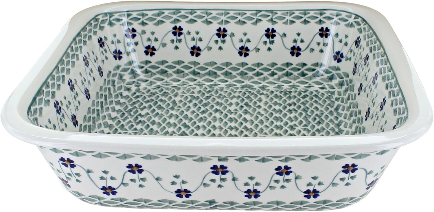 Blue Rose Polish Pottery - Green Sage Floral Large Square Baker - 11.5' Square - Unique, Dishwasher Safe, & Durable Bakeware