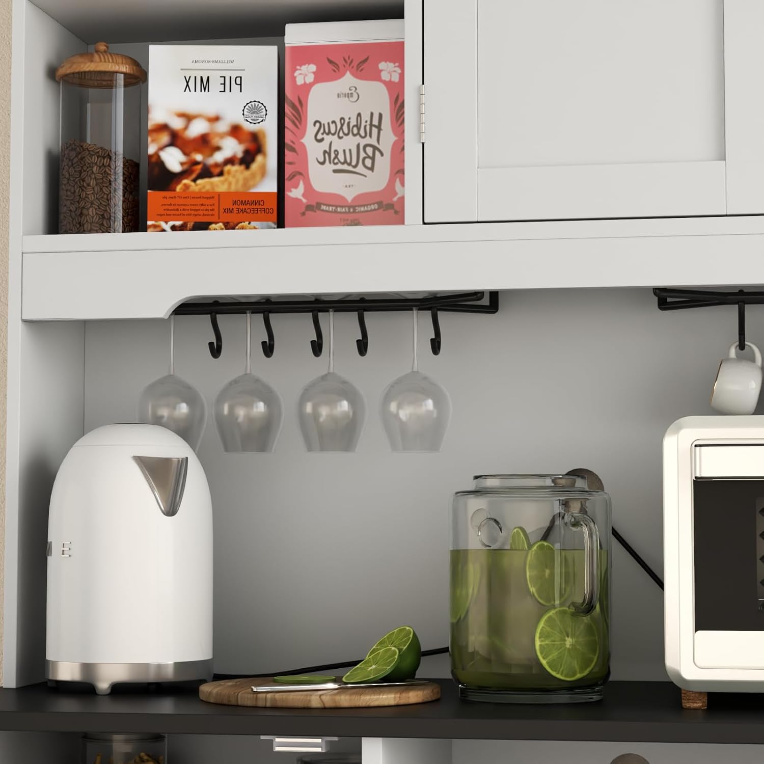 68'Tall Kitchen Pantry Storage Cabinet with Charging Station, Upgrade Pantry Cabinet with Doors & Shelves and Wine Glass Holder,Kitchen Hutch Cabinet with Microwave Stand for Kitchen (White+Black)
